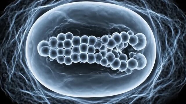 Abstract glowing biological cell dividing and morphing into microscopic genetic structures for medical science and biotechnology concepts