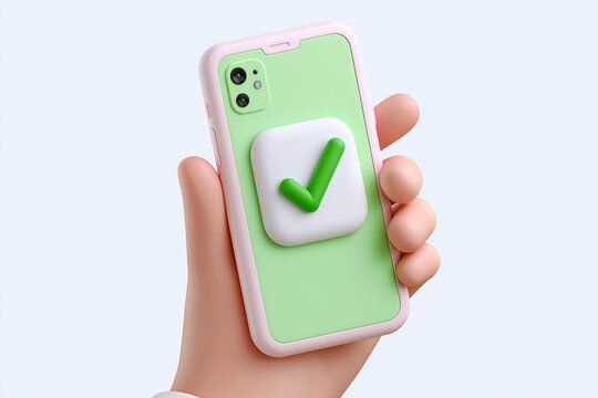 3d cute Hand holds smartphone and set a check mark on the screen. Vector illustration. Green check mark icon. Tick symbol in green color. Modern mockup. Vector illustration 3D icon free to edit.
