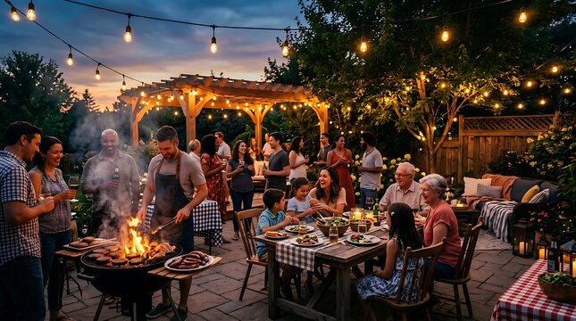 Outdoor evening gathering with barbecue and dining under string lights
