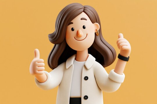3D cartoon character. Young woman making good sign, shows gesture cool. Customer review rating and client feedback concept. Smiling cute brunette girl. 3d vector illustration. Review customer vector.
