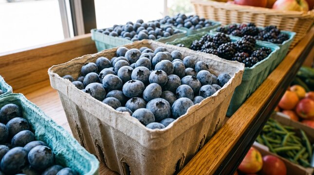 Freshly picked blueberries and blackberries displayed in rustic cardboard containers on a wooden shelf at a market
