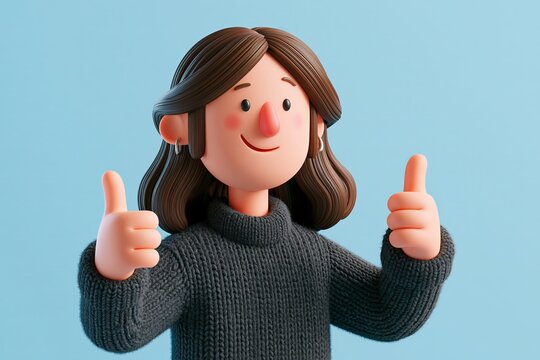 3D cartoon character. Young woman making good sign, shows gesture cool. Customer review rating and client feedback concept. Smiling cute brunette girl. 3d vector illustration. Review customer vector.