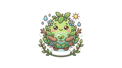 Fototapeta premium Cute Cartoon Earth Character Protecting a Green Sprout