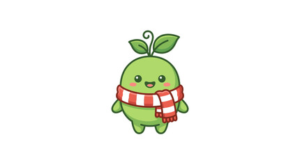 Fototapeta premium Cute Cartoon Green Plant Character Wearing a Red and White Scarf