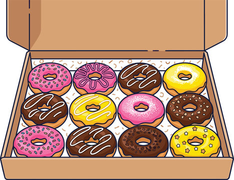 Open cardboard box filled with a dozen assorted glazed donuts with colorful frosting and sprinkles vector illustration