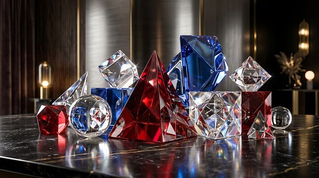 Geometric crystal prisms and spheres in red blue and clear colors