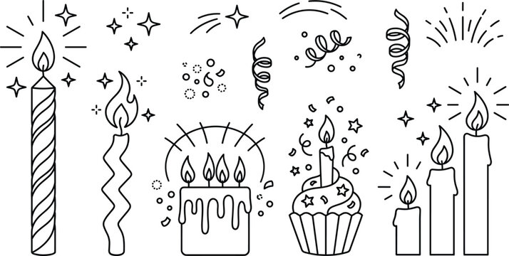 Birthday candle and cake icon set vector outline collection of cupcake confetti streamer fire spark doodle party element.