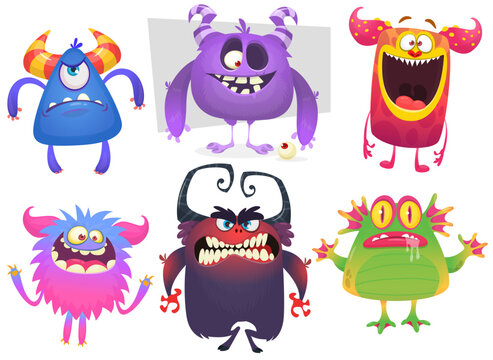 Happy cartoon monsters with different face expressions. Set of cartoon vector funny and scary monsters characters design isolated on white
