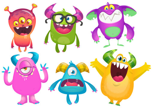 Happy cartoon monsters with different face expressions. Set of cartoon vector funny and scary monsters characters design isolated on white