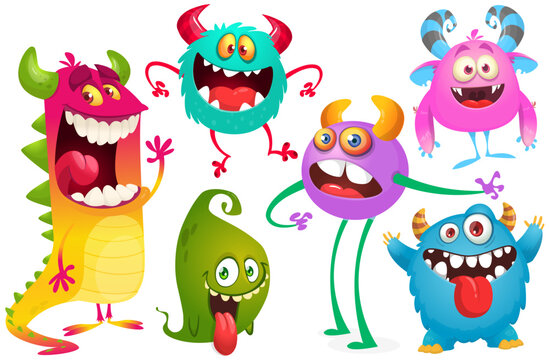 Happy cartoon monsters with different face expressions. Set of cartoon vector funny and scary monsters characters design isolated on white