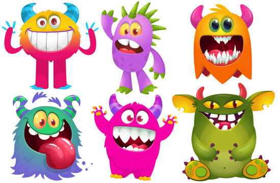 Happy cartoon monsters with different face expressions. Set of cartoon vector funny and scary monsters characters design isolated on white