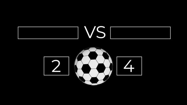 soccer score prediction counter animation with rotating football and random numbers.