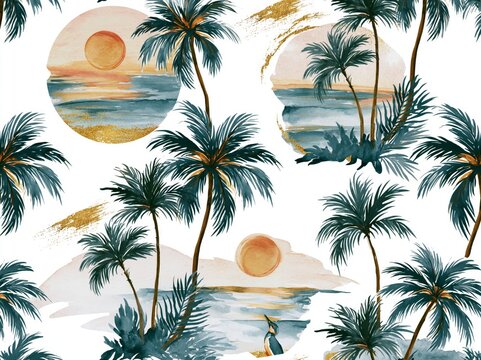Abstract watercolor seamless pattern. Summer tropical palm trees, golden elements and sunset and ocean sea on white background. Jungle watercolour print