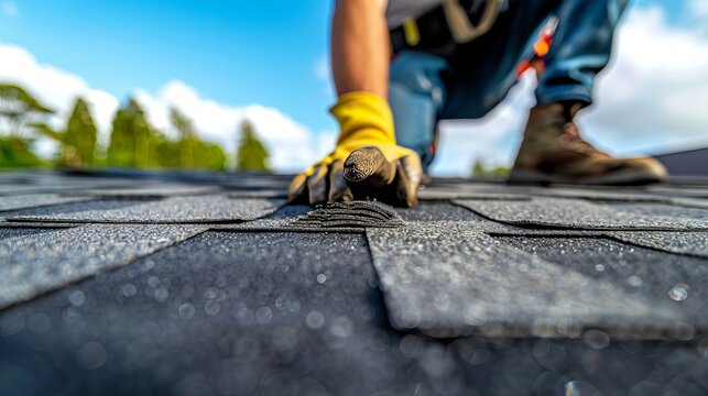 Professional roofer installing new grey asphalt shingles for enhanced residential roof protection