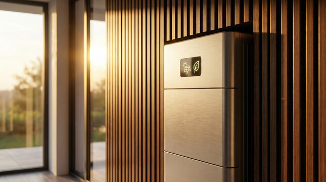 Modern energy storage battery system with eco friendly icons mounted on wood panel wall in home