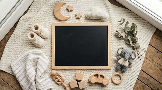 Baby toys and objects arranged around a chalkboard on a mat near a window