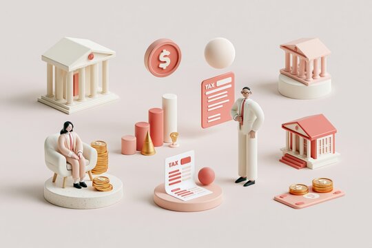 Financial illustration set. Lawyers working with public finance, tax law and other economics branches. Government spending, revenue and taxation concept. 3D Vector illustration