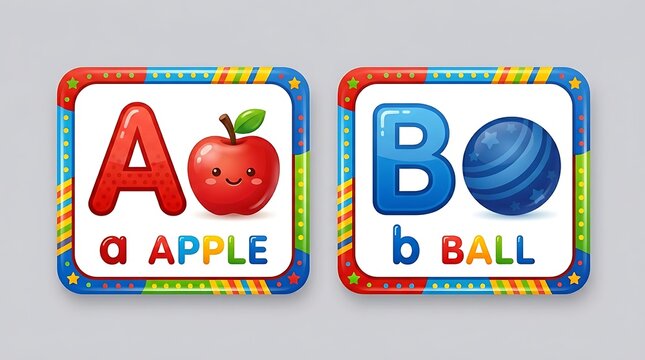 Alphabet Flashcards: Adorable flashcards displaying the letters 'A' for Apple and 'B' for Ball, designed to make learning the alphabet fun and engaging for young children.