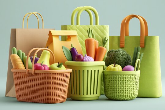 3D Shopping bags and baskets vector illustrations set. 3D Grocery purchases, paper and plastic packages, turtle bags with products. 3D Natural food, organic fruits, vegetable. Department store goods