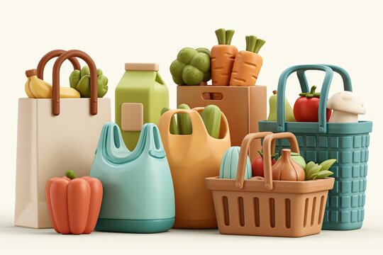 3D Shopping bags and baskets vector illustrations set. 3D Grocery purchases, paper and plastic packages, turtle bags with products. 3D Natural food, organic fruits, vegetable. Department store goods