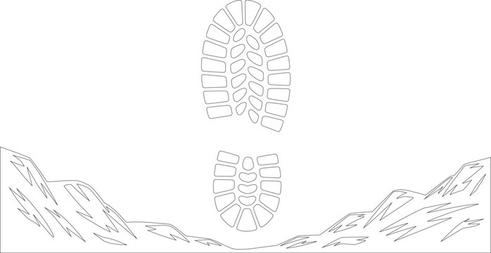 Large hiking boot print outline centered on rugged uneven ground and rocky terrain