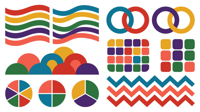 Colorful abstract shapes set with geometric patterns, circles, waves, and pie charts