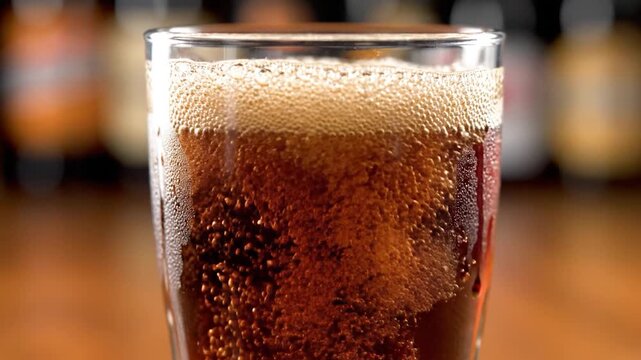 Cold dark beer pouring into a glass with foam and condensation