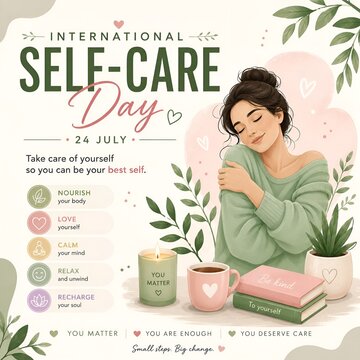 International self-care day awareness poster featuring self-love and wellness