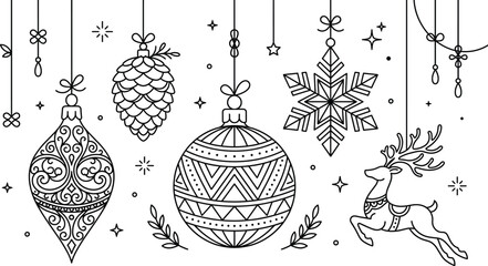 Christmas bauble ornament icon set vector outline collection of holiday snowflake reindeer pinecone winter festive decoration elements. © MDSAIFUL