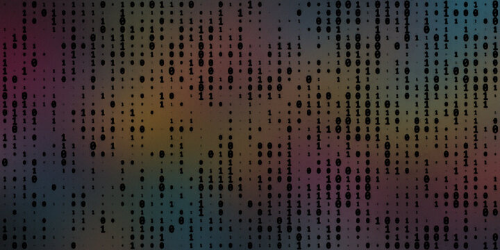 Digital binary code background with scattered dots and colorful abstract patterns representing data and technology concept.