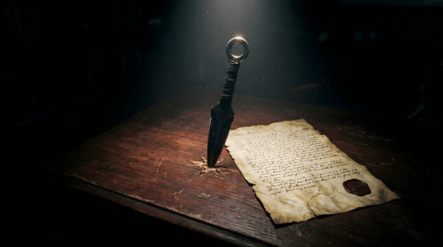 Black kunai ninja dagger stuck into a dark wooden table next to an ancient weathered parchment letter with a red wax seal under dramatic moody spotlighting.