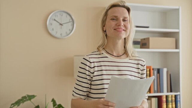 Woman holds paper and smiles, standing by a bookshelf and wall clock inside a building office while appearing attentive and prepared; calm confidence.