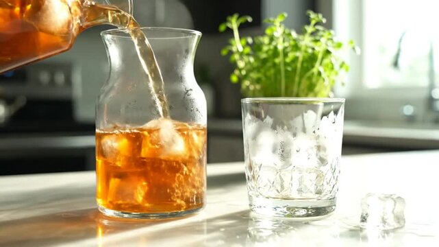Pouring iced tea with ice cubes into a glass pitcher and preparing a refreshing beverage in a kitchen setting