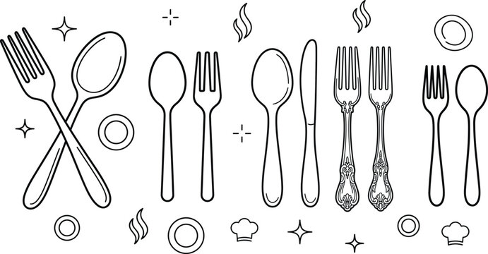 Cutlery and kitchen utensil icon set vector outline collection of fork spoon knife silver plate restaurant dining elements.