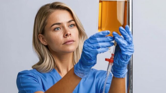 Young female nurse or healthcare professional in blue scrubs adjusting intravenous drip with focused expression in clinical environment for patient care