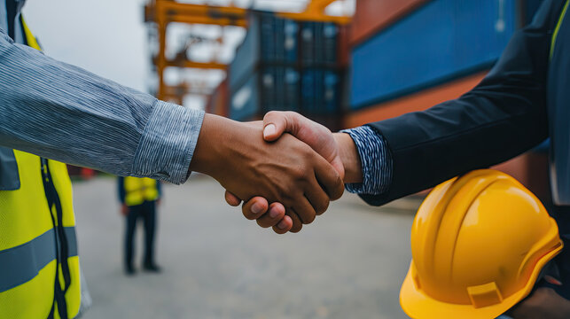 Port Managers Sealing Agreement. Business Leaders Exchanging Handshake Amidst Logistics Environment At Sunrise
