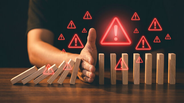 Hand Stopping Falling Wooden Blocks to Symbolize Proactive Risk Management and Effective Crisis Prevention Strategies