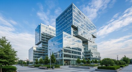 Fototapeta premium A modern office building with glass facades and a blue sky in the background.