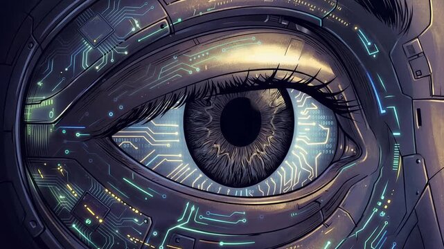 Human eye illuminated by glowing circuit patterns, symbolizing artificial intelligence, machine vision, digital innovation, 4K video