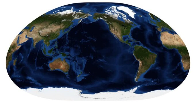 World map Loximuthal projection animation. Longitude shift and rotation. High-detail physical Earth view. June View. Elements of this video furnished by NASA.
