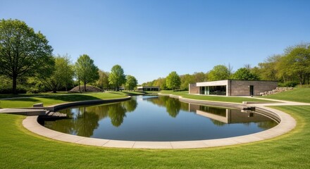 Fototapeta premium A serene garden scene with a circular pond and a modern building in the background, surrounded by lush greenery and trees.