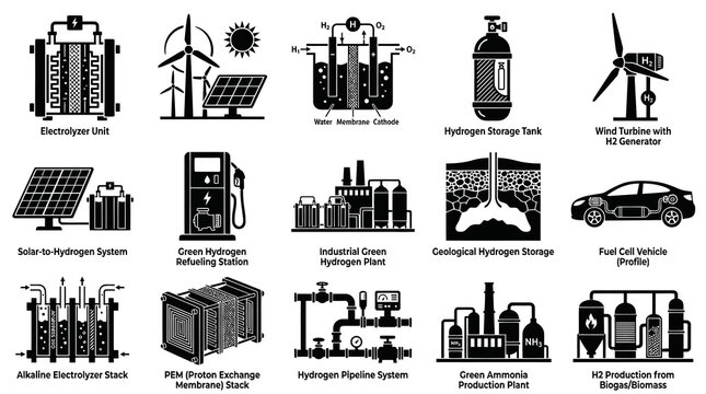 Green Hydrogen Energy Technology Icons Set: Production, Storage, Transport  Usage Glyphs