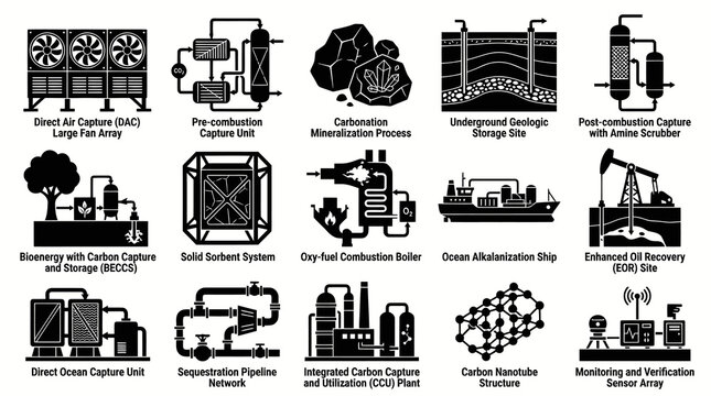 Environmental Carbon Capture and Storage (CCUS) Technology Glyph Icons Set. Climate Change Solutions.