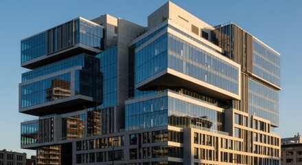 Fototapeta premium A modern, glass and steel building with a sleek, angular design, featuring large glass windows and a mix of dark and light colors.