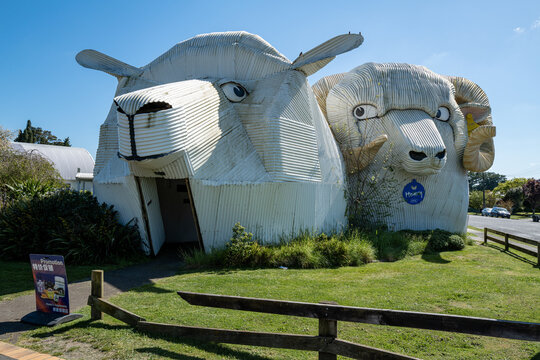 Giant corrugated iron sculptures &mdash; the Big Sheep and Big Dog &mdash; reflect small-town New Zealand's roadside reinvention, Tirau, Waikato, New Zealand, November 2025