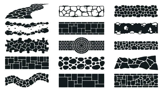 Construction  Landscaping Stone Pavement Patterns Vector Silhouettes - Black  White Paths  Walls Design Set