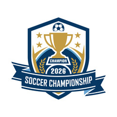 Fototapeta premium Modern soccer championship badge featuring a golden trophy cup, shield frame, ribbon banner, and football elements. Perfect for football tournaments, soccer leagues, championship branding, sports awar
