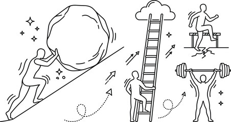 Effort and motivation concept icon set vector outline collection of boulder push ladder success hurdle jump weightlifting power. © MDSAIFUL