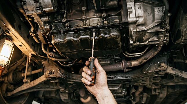 Close-up of a mechanic's greasy hand using a screwdriver to repair a car engine oil pan in an auto shop