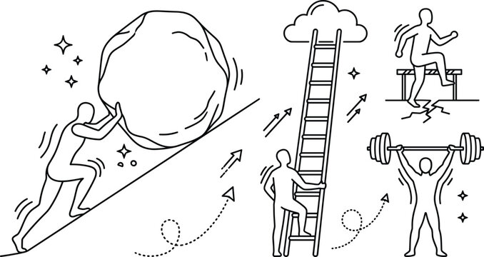 Effort and motivation concept icon set vector outline collection of boulder push ladder success hurdle jump weightlifting power.